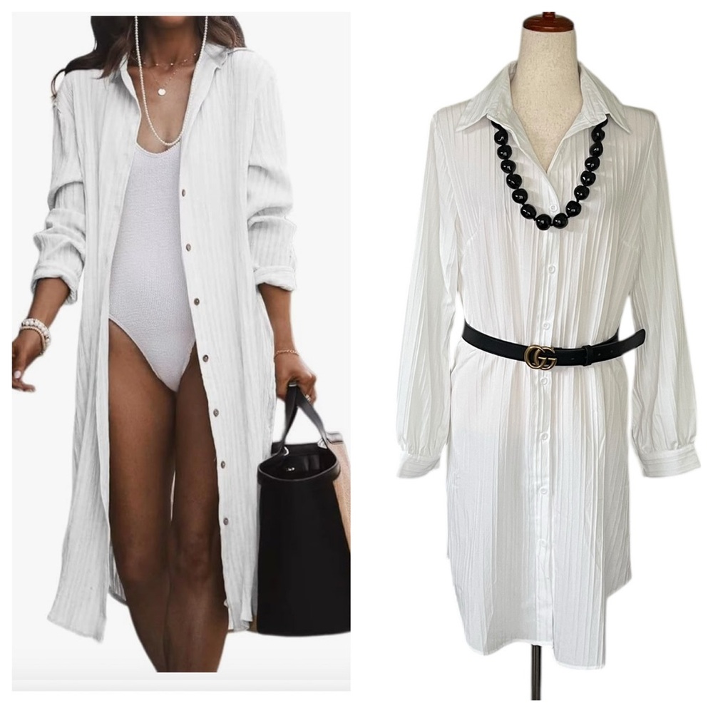 Amazon Striped Crinkle Button Front Cover Up Shirt Dress